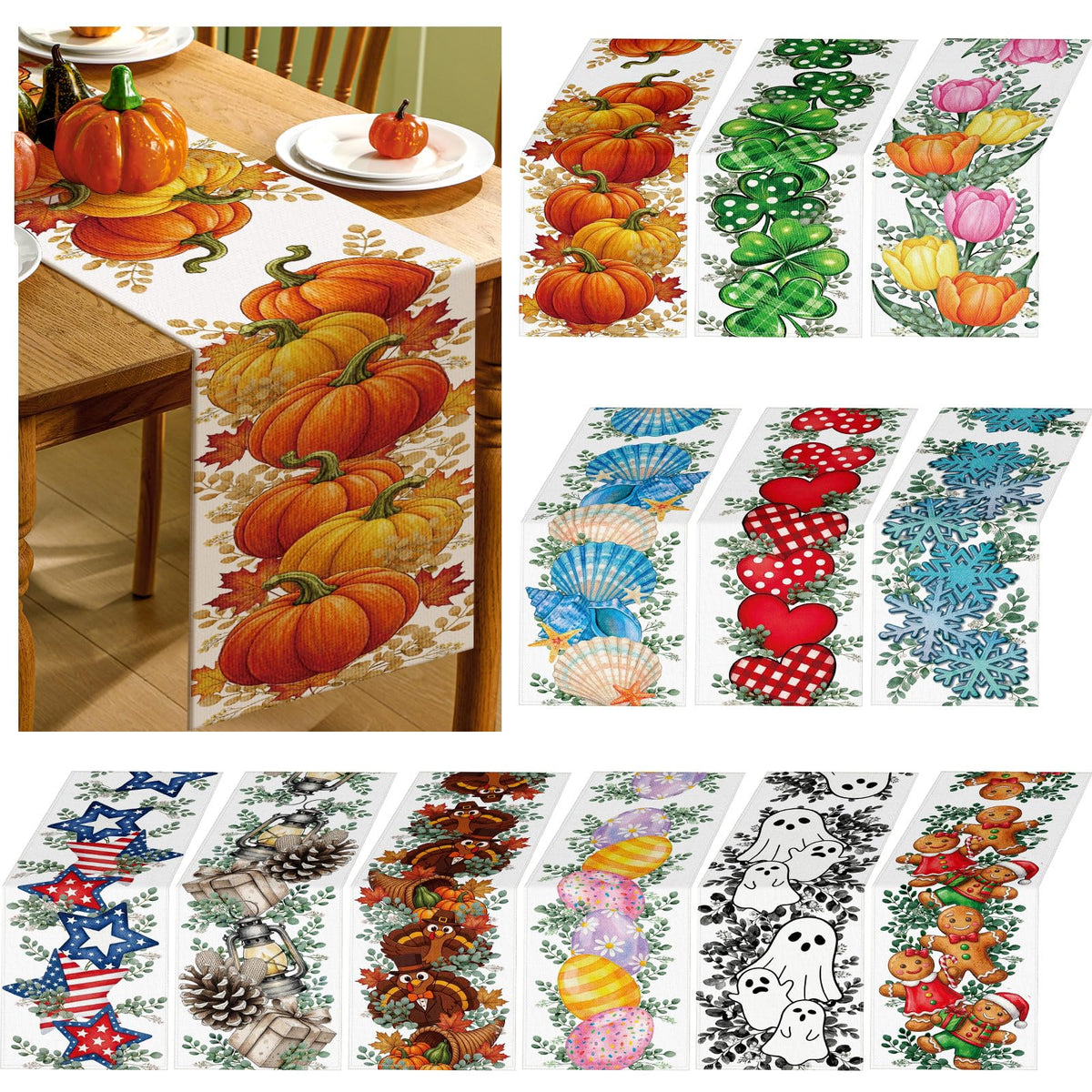 Honeydak 12 Pcs Holiday Table Runner Seasonal Farmhouse Table Decor 13 x 72 Inch Thanksgiving Christmas Decorations Fall Halloween for Home Party Dining Room Kitchen