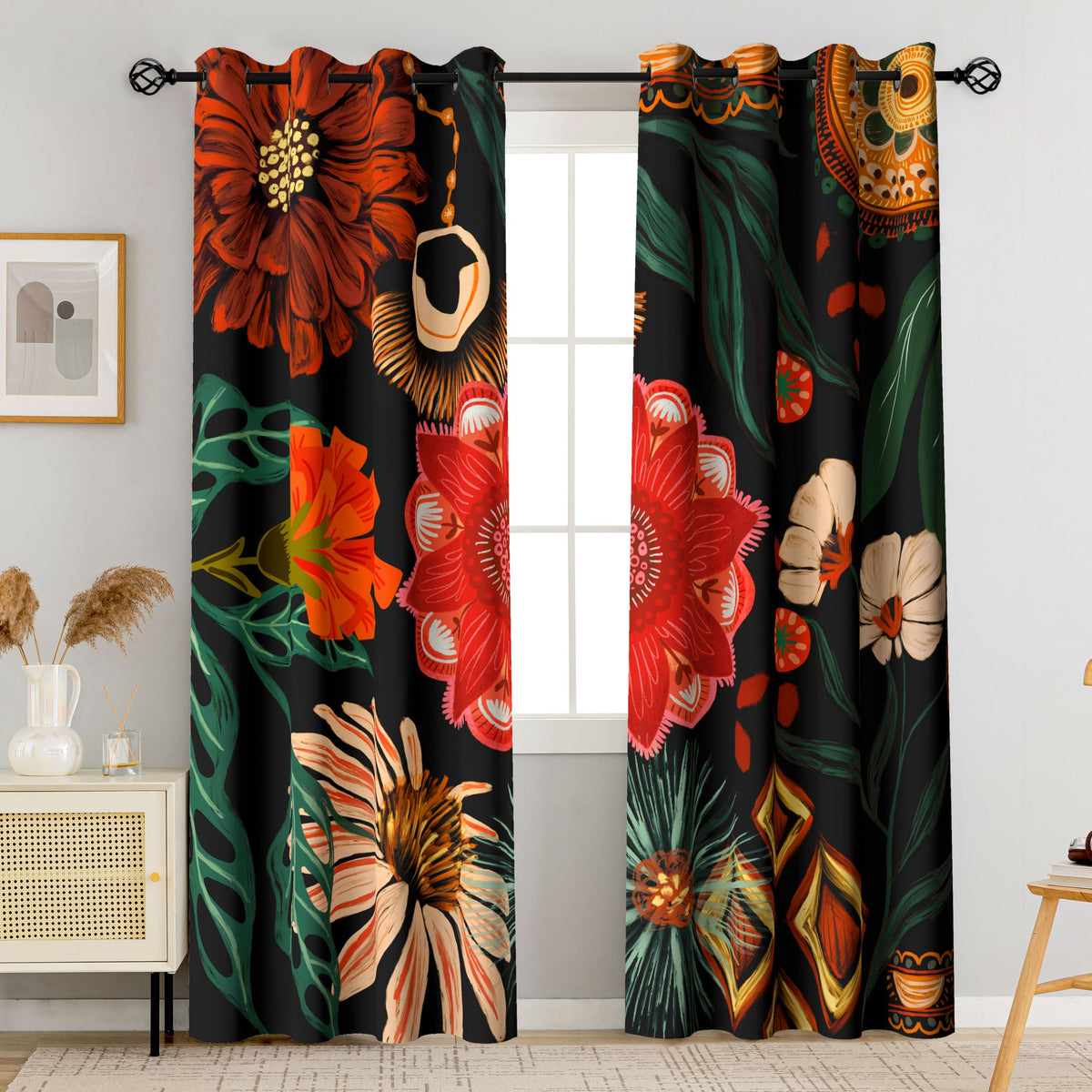 Tyrot Black Boho Floral Grommet Blackout Curtains, 52W x 84L, 2 Panels