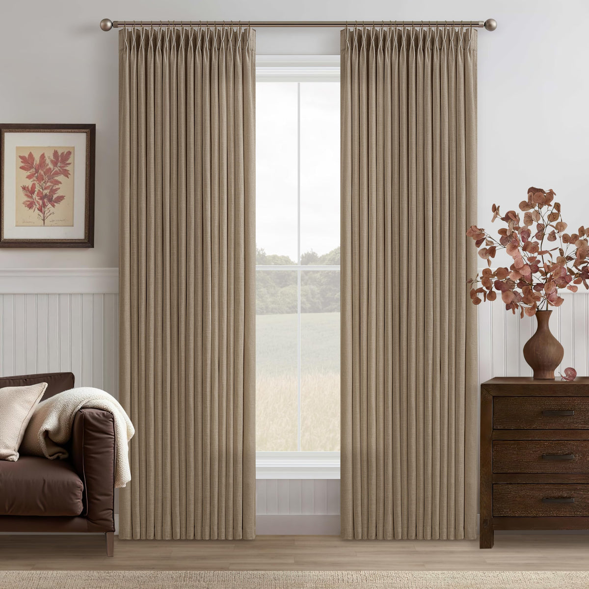 Natural Pinch Pleated Linen Blend Semi Sheer Window Curtains 90 Inches Long