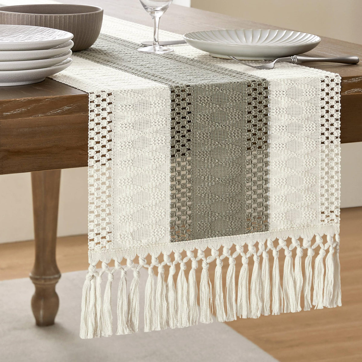 ZeeMart Macrame Style Bicolor Stitching Table Runner 14x72in Green