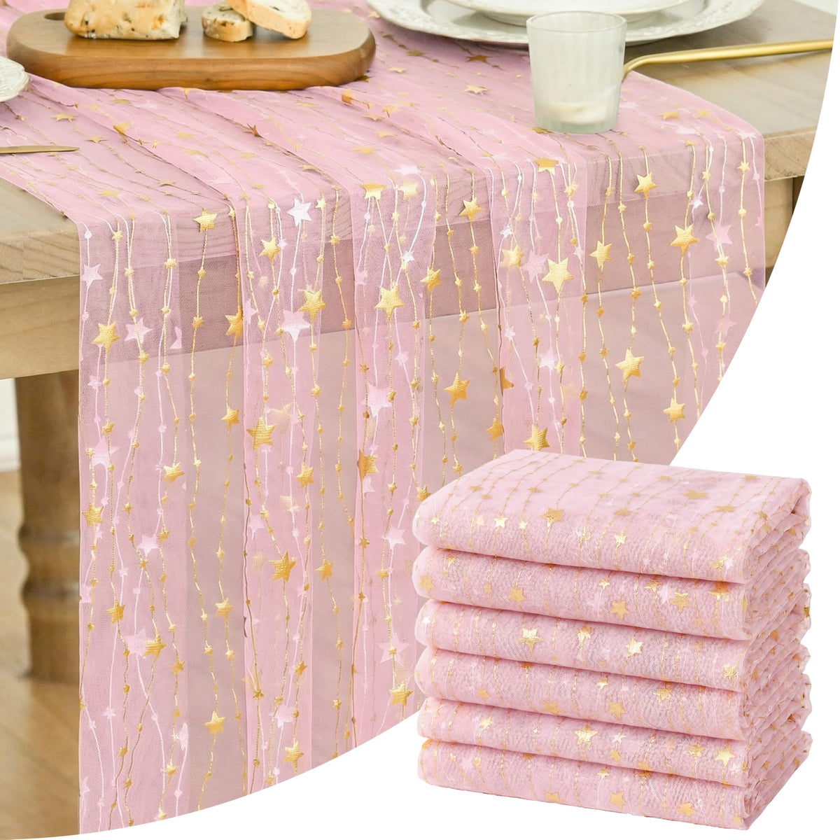 Artoid Mode Stars Pink Gauze Table Runner 10FT, Glitter Metallic Foil Sheer Dining Wedding Anniversary Holiday Birthday Table Decor for Home Party