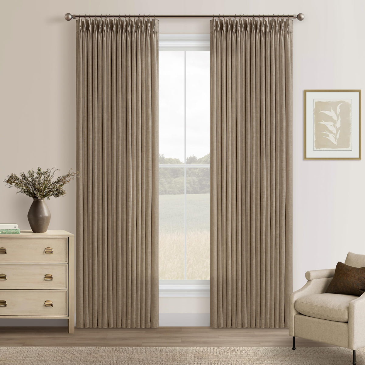Natural Pinch Pleated Linen Blend Semi Sheer Window Curtains 90 Inches Long