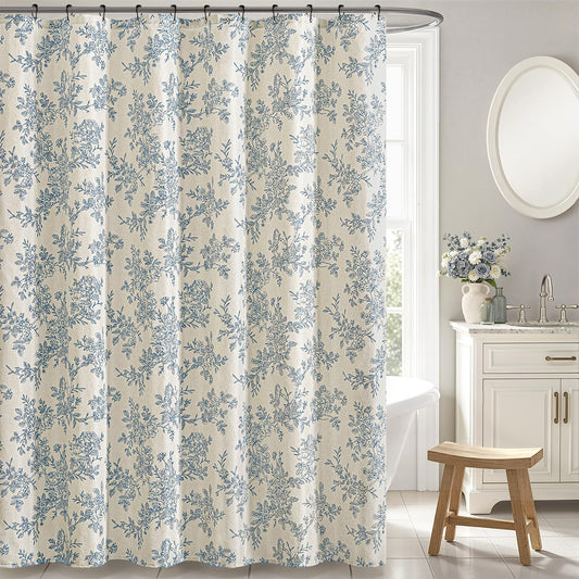Linen Blue Floral Toile Shower Curtain W72*L72 Inches Long