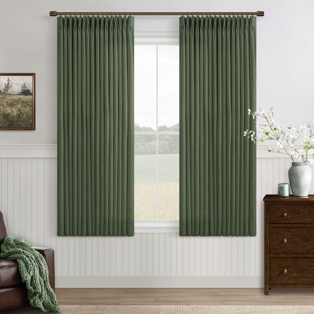 Natural Pinch Pleated Linen Blend Semi Sheer Window Curtains 90 Inches Long