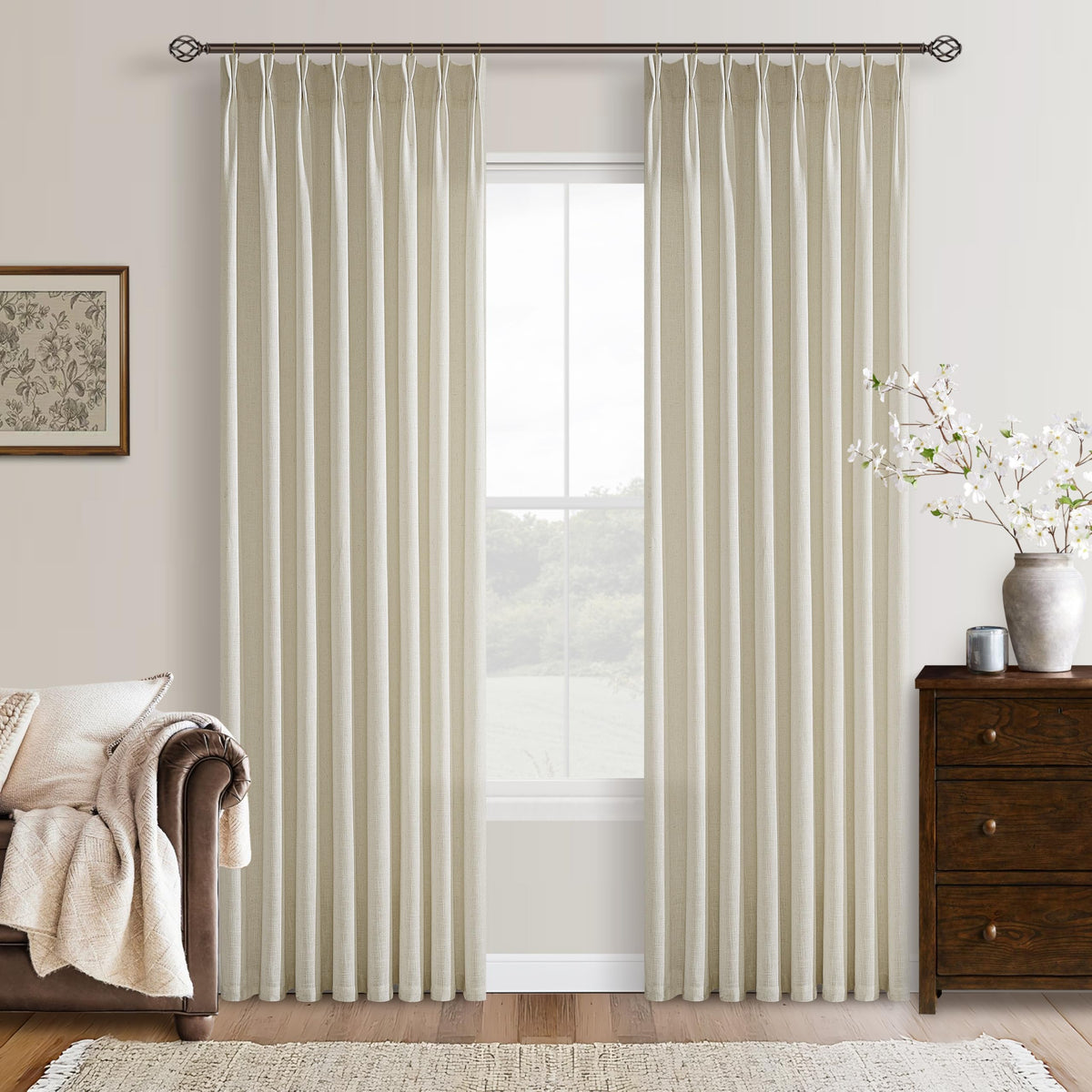 Natural Pinch Pleated Linen Blend Semi Sheer Window Curtains 90 Inches Long