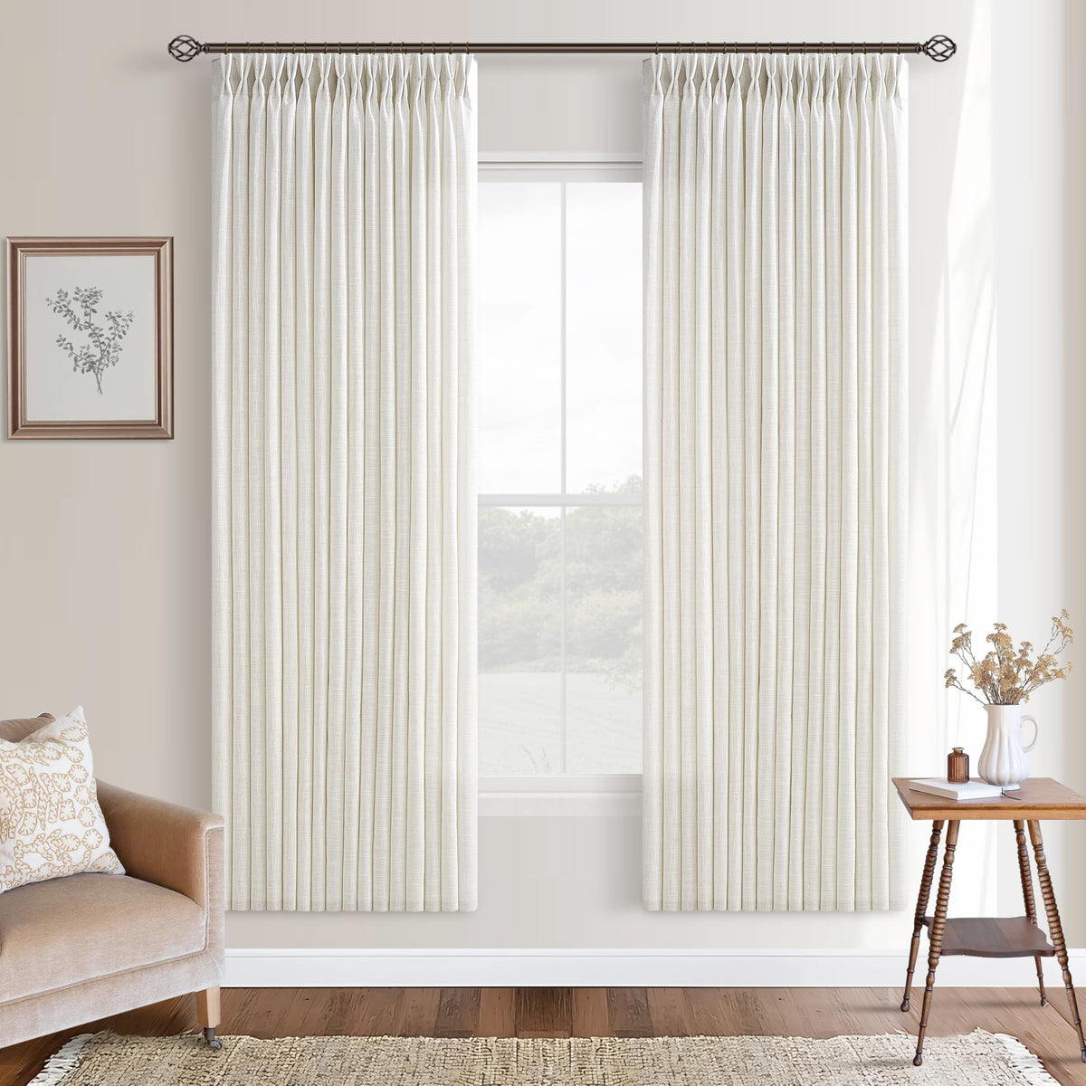 Natural Pinch Pleated Linen Blend Semi Sheer Window Curtains 90 Inches Long