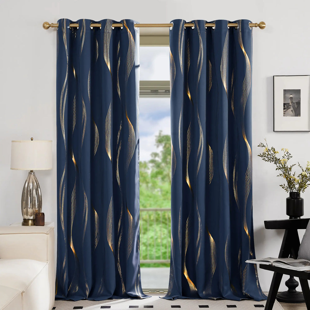 Deconovo 3m Blackout Double Curtains - 2 Panels High-Quality Poly Golden Wave Stripe Print Modern Drapes, Thermal Insulated, Soundproof Grommet Drapery, UV Glare Shield, Hand-Wash Only Privacy Blackout Shade for Living Room Decor,sohochic
