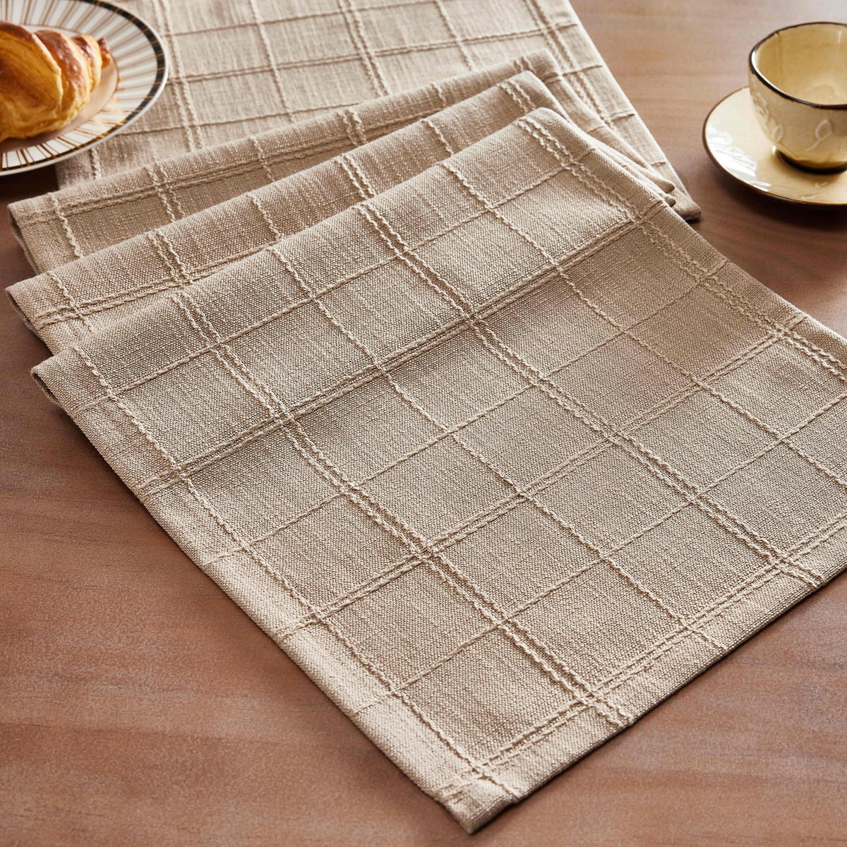 ZeeMart Linen Checked Farmhouse Table Runner, 13x72 Inches Neutral Beige