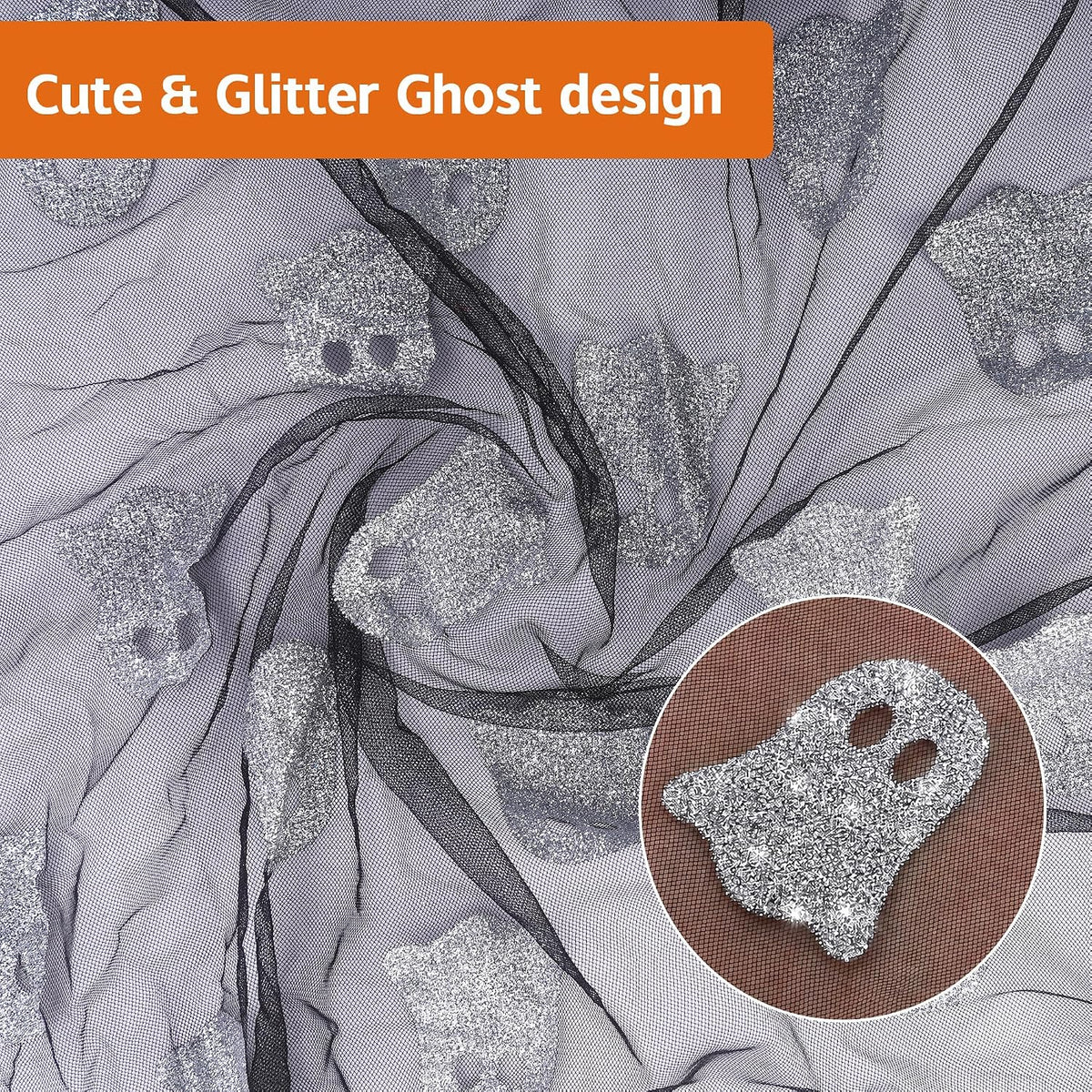 120'' x 29'' Halloween Mesh Ghost Table Runner, Black Sheer Gauze Tulle
