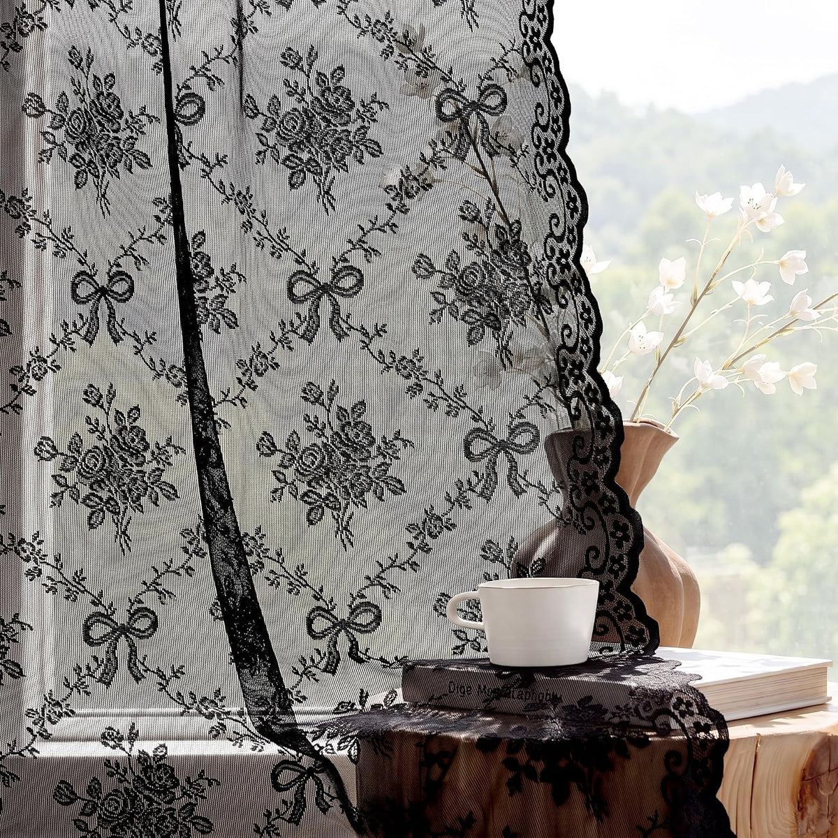 PONY DANCE Black Sheer Lace Curtains 63 Inches Long, 2 Panels, 52W x 63L