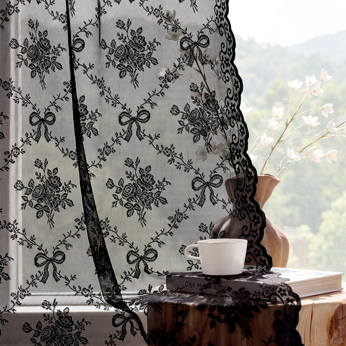 PONY DANCE Black Sheer Lace Curtains 63 Inches Long, 2 Panels, 52W x 63L