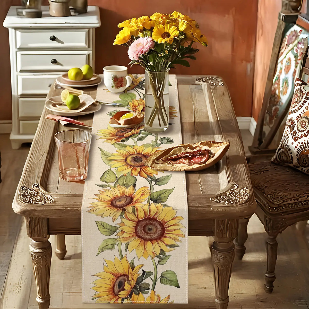 1pc Sunflower Table Runner, 72" Linen, Machine Made, No Electricity or Battery Needed, with Home & Kitchen Decor, Spring & Summer Holiday Party Decoration, Sunflower Kitchen Decor, Tablecover decor