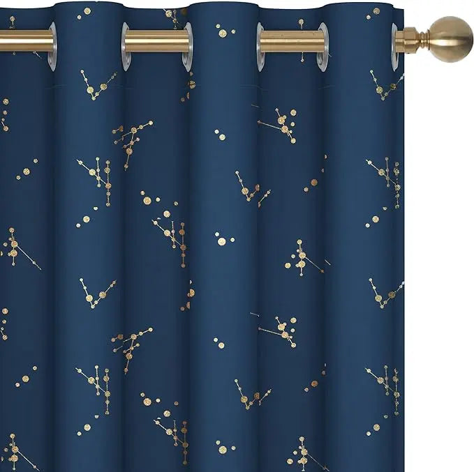 Deconovo 2-Panel Blackout Curtain for Windows - Modern Constellation Style, Gold Star Foil All-Over Print, Thermal Lined, Soundproof Curtains, Silky Smooth Drape, Durable, Machine Washable for Living Room, School Playroom