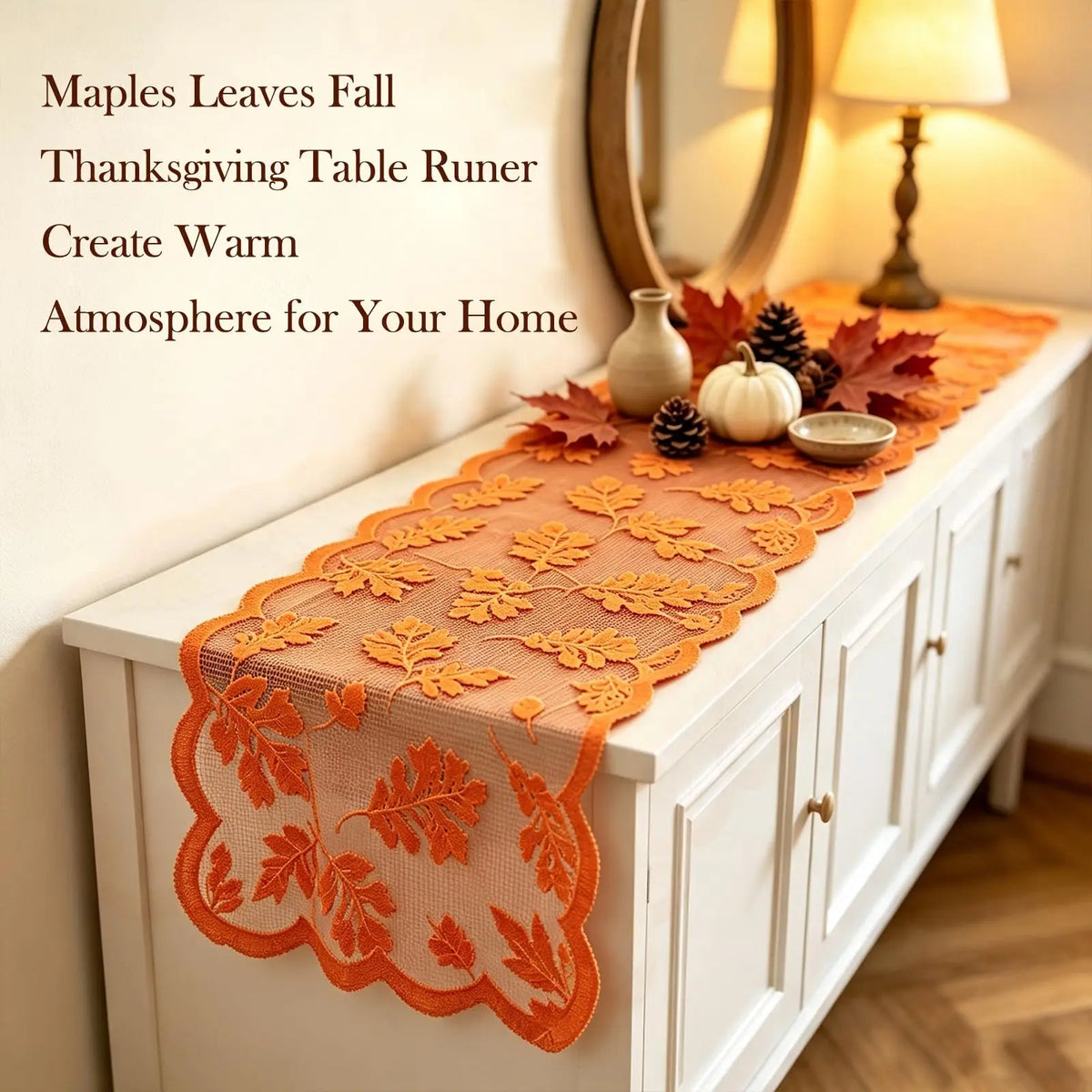 13x72 Inch Rectangle Fall Leaf Table Runner, Easy-to-Clean Fade-Resistant Orange Lace Runner for Home, Thanksgiving Harvest, Wedding Kitchen Dining Party Decorations