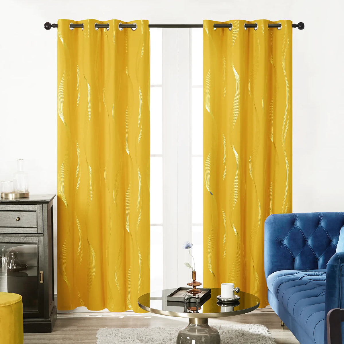 Deconovo 3m Blackout Double Curtains - 2 Panels High-Quality Poly Golden Wave Stripe Print Modern Drapes, Thermal Insulated, Soundproof Grommet Drapery, UV Glare Shield, Hand-Wash Only Privacy Blackout Shade for Living Room Decor,sohochic
