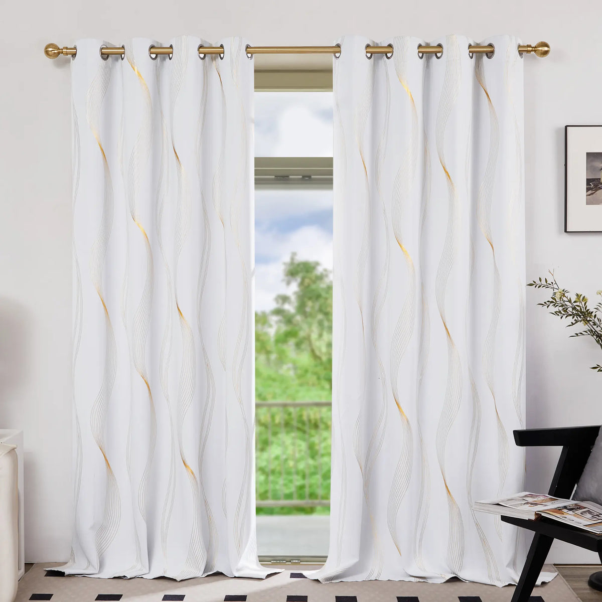 Deconovo 3m Blackout Double Curtains - 2 Panels High-Quality Poly Golden Wave Stripe Print Modern Drapes, Thermal Insulated, Soundproof Grommet Drapery, UV Glare Shield, Hand-Wash Only Privacy Blackout Shade for Living Room Decor,sohochic