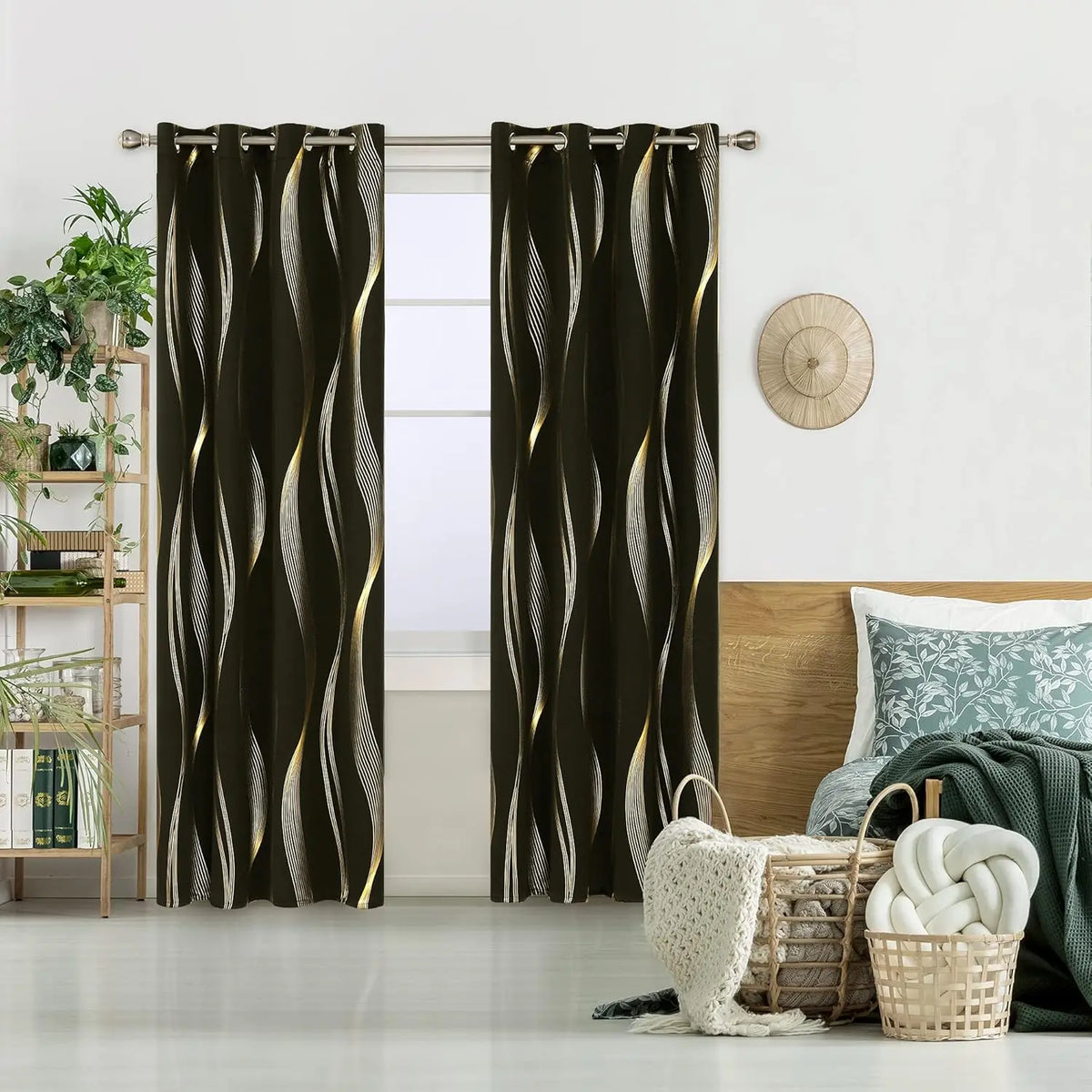 Deconovo 3m Blackout Double Curtains - 2 Panels High-Quality Poly Golden Wave Stripe Print Modern Drapes, Thermal Insulated, Soundproof Grommet Drapery, UV Glare Shield, Hand-Wash Only Privacy Blackout Shade for Living Room Decor,sohochic