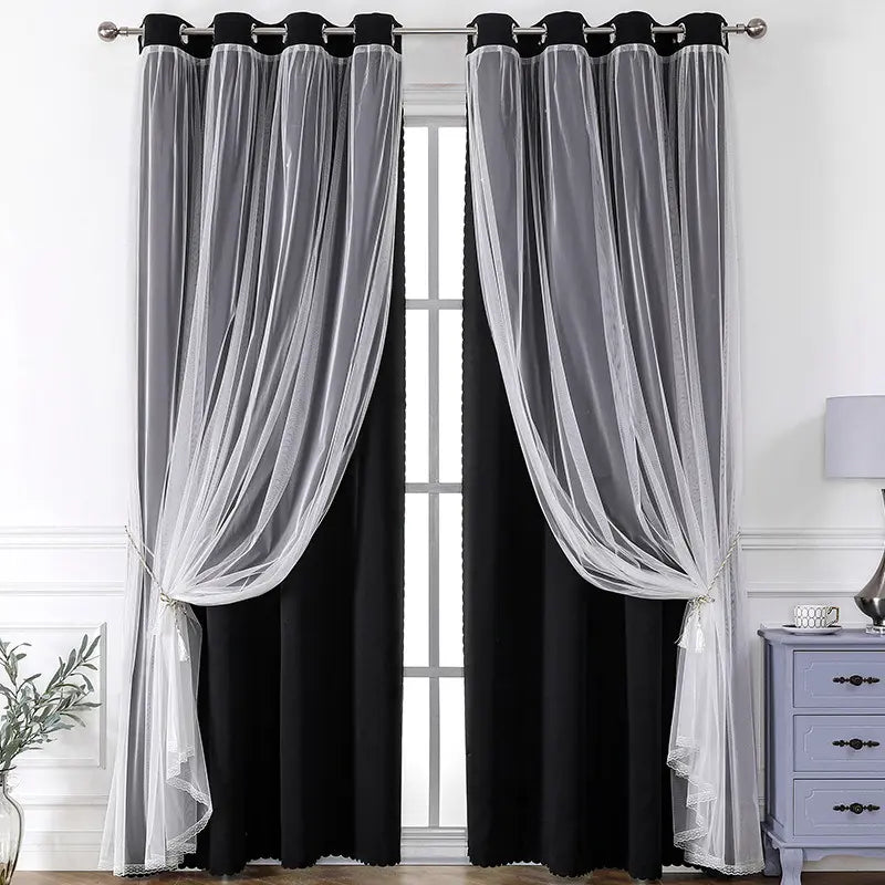 French Romantic Two-Layer Cloth Light-Blocking Finished Curtain, Fashionable Grommet Drapery for Living Room, Stylish and Trendy Window Covering, Window Drapes, Interior Decoration Accessories, Home Decorative Curtain