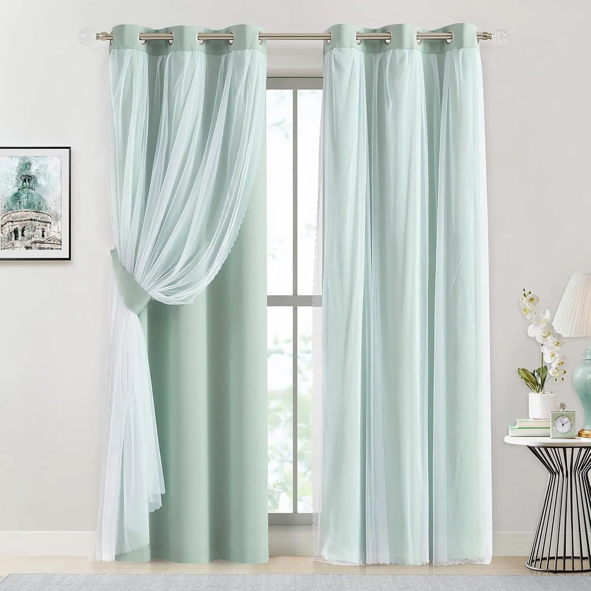 French Romantic Two-Layer Cloth Light-Blocking Finished Curtain, Fashionable Grommet Drapery for Living Room, Stylish and Trendy Window Covering, Window Drapes, Interior Decoration Accessories, Home Decorative Curtain
