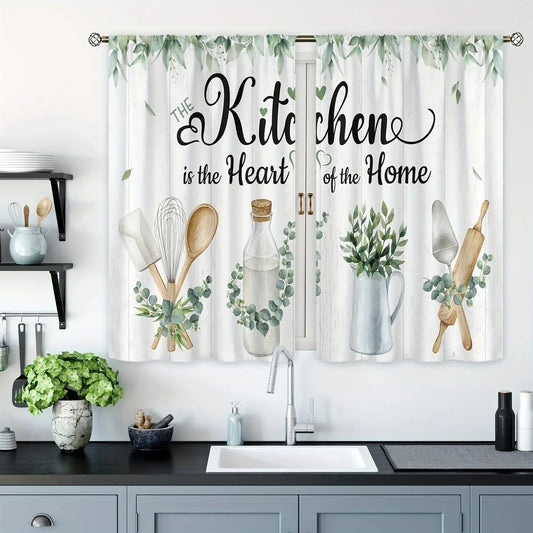 Rustic Eucalyptus Leaf Kitchen Window Curtains, Farmhouse Natural Pocket Rod Decor for Kitchen, Cafe, Office, Living Room & Dining Room, Home Decorative Curtain, Home Decoration Curtain