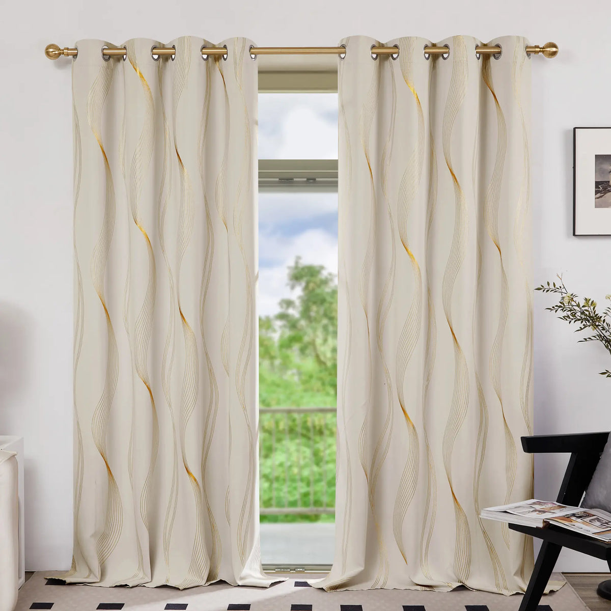Deconovo 3m Blackout Double Curtains - 2 Panels High-Quality Poly Golden Wave Stripe Print Modern Drapes, Thermal Insulated, Soundproof Grommet Drapery, UV Glare Shield, Hand-Wash Only Privacy Blackout Shade for Living Room Decor,sohochic